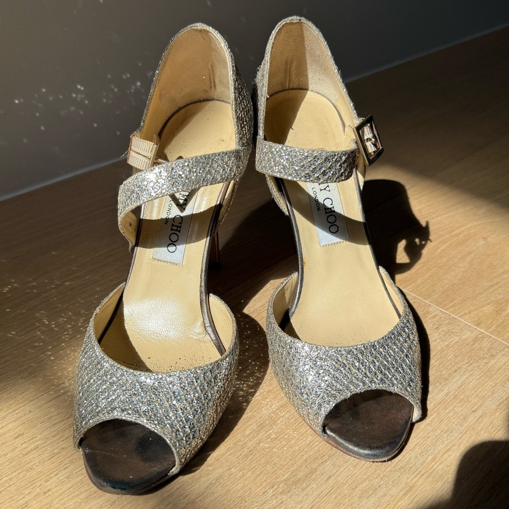 Jimmy Choo Silver Peep Toe High Heels, sz. 7